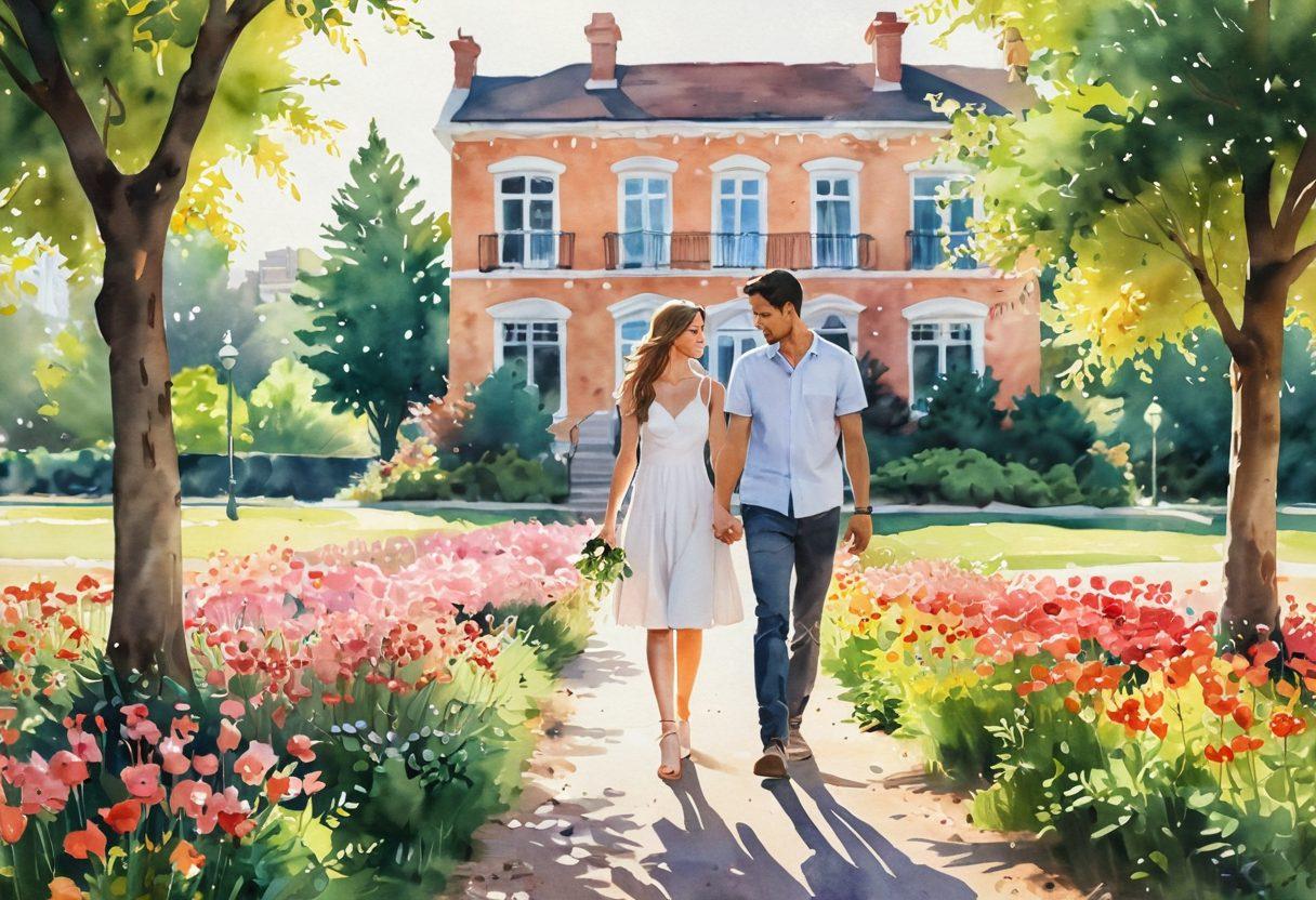 A warm, inviting scene of a couple holding hands in a sunlit park, surrounded by blooming flowers and soft, dreamy colors. Include subtle symbols of love, like hearts or intertwined vines, woven into the landscape. Capture moments of genuine laughter and connection between them, suggesting intimacy and understanding. The background hints at modern elements, such as stylish urban buildings in the distance. watercolor style. vibrant colors. soft focus.