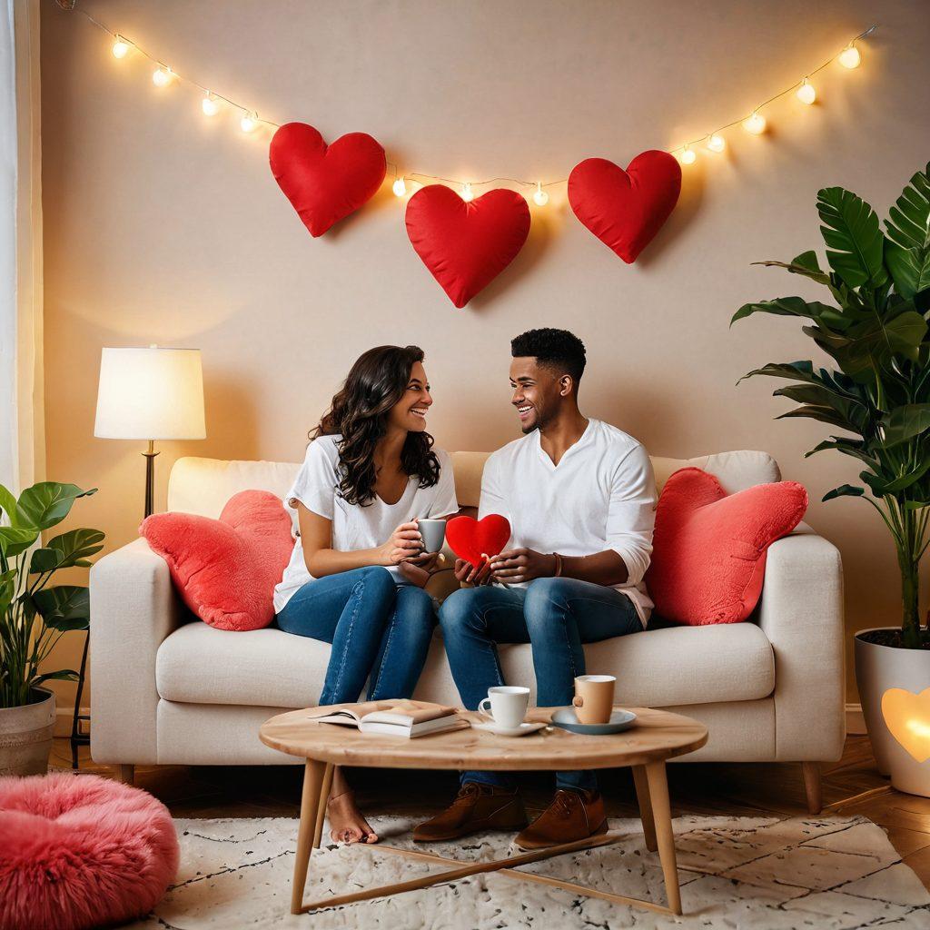 A diverse couple sitting on a cozy sofa, surrounded by heart-shaped cushions and modern decor, engaging in a warm conversation with laughter, while a soft glow from a nearby lamp casts a romantic ambiance. Include elements like a coffee table with a love-themed book and plants in the background for a touch of nature. super-realistic. vibrant colors. cozy atmosphere.